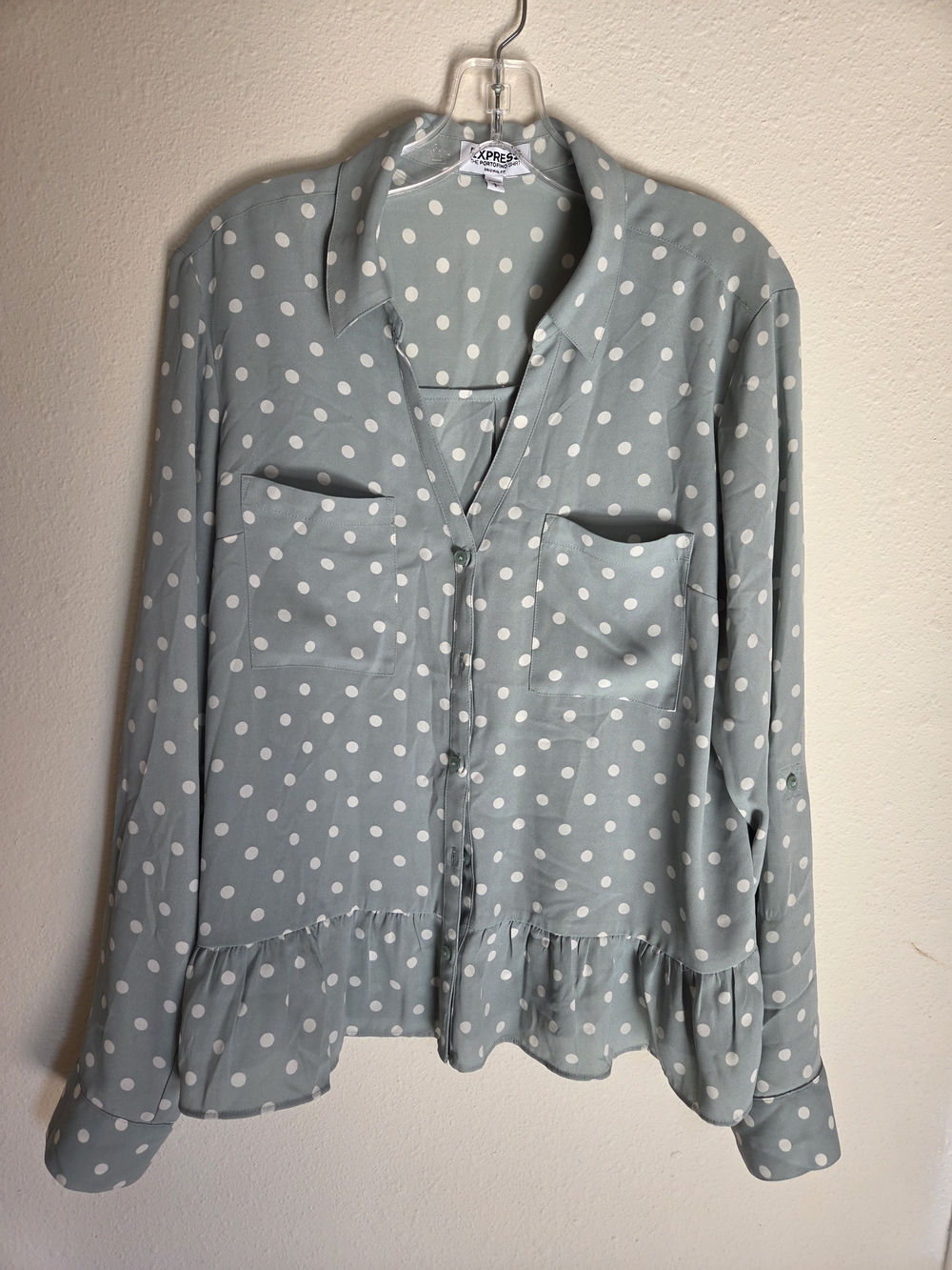 Express Light Sage Green Polka Dot Ruffle Hem Blouse